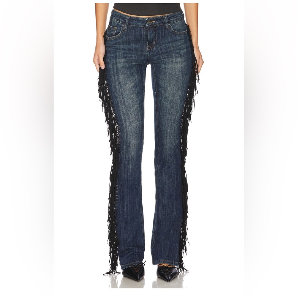 Jaded London Dark Blue Denim Jeans with Black Side Fringe